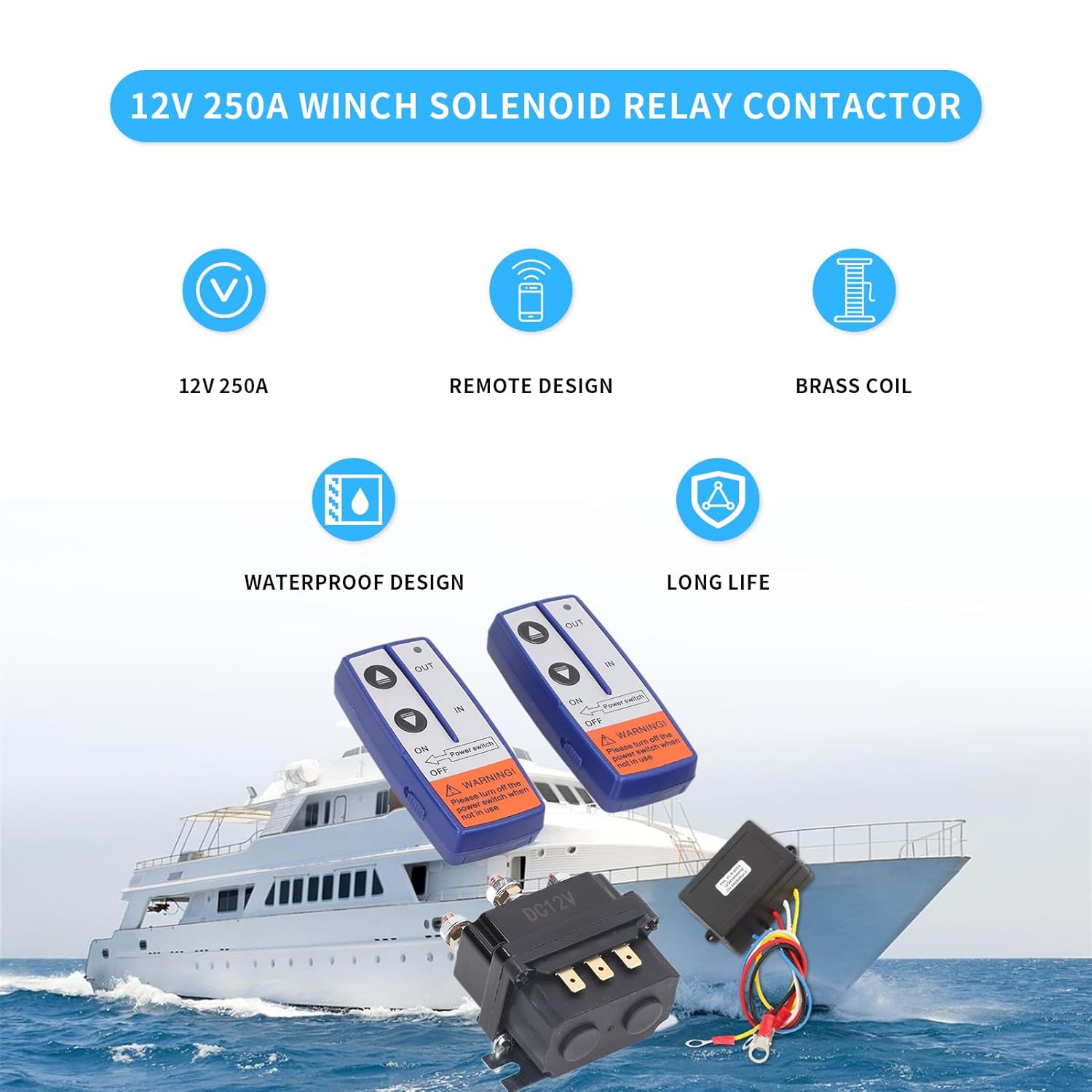 Contactor de relé solenoide de cabrestante de 12 V 250 A + kit de control remoto de cabrestante inalámbrico, 3000 libras a 5000 libras interruptor