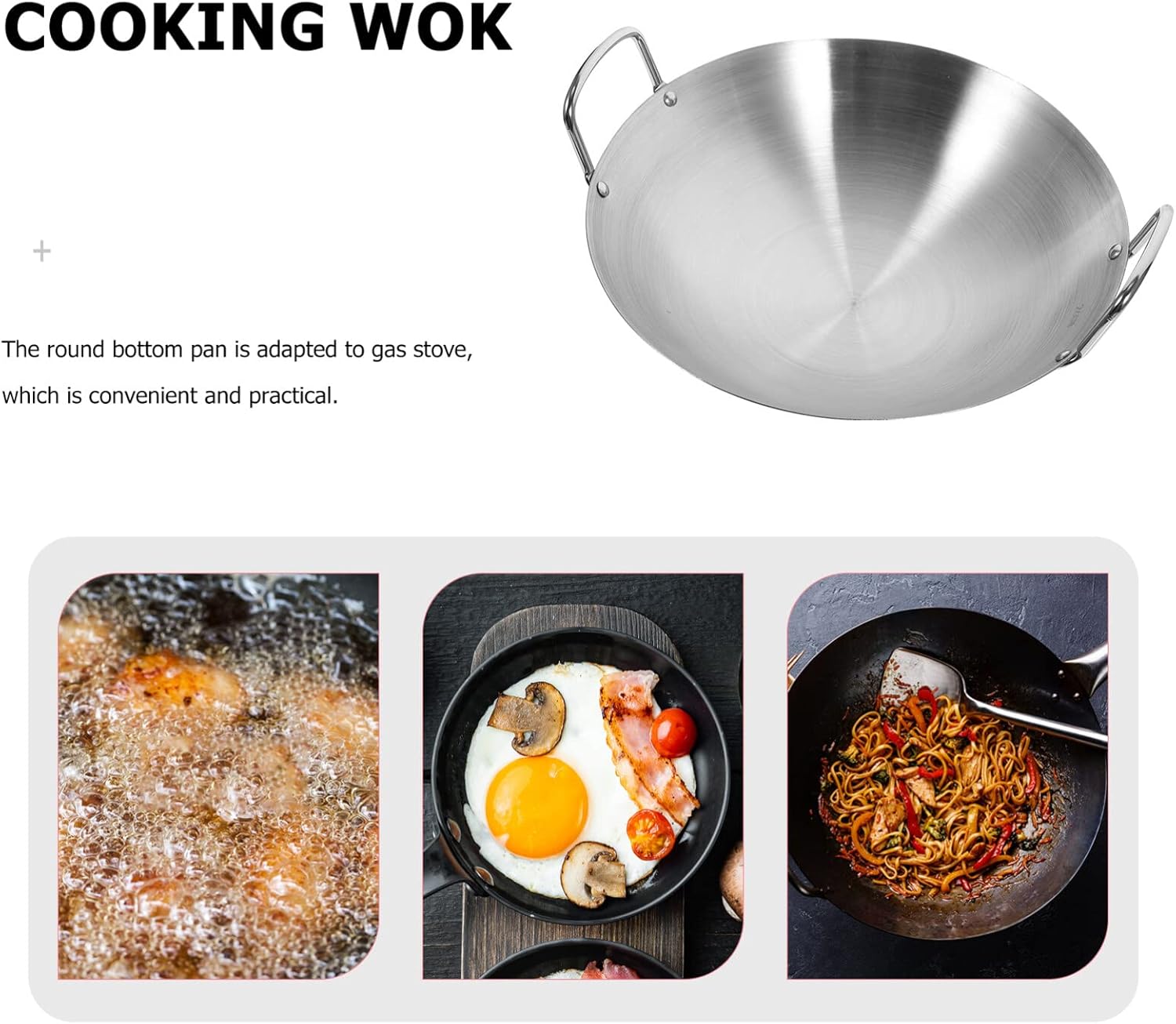 Luxshiny Sartén de acero inoxidable para wok, sartén de 10.2 in, estilo tradicional, utensilios de cocina antiadherentes con doble asa para