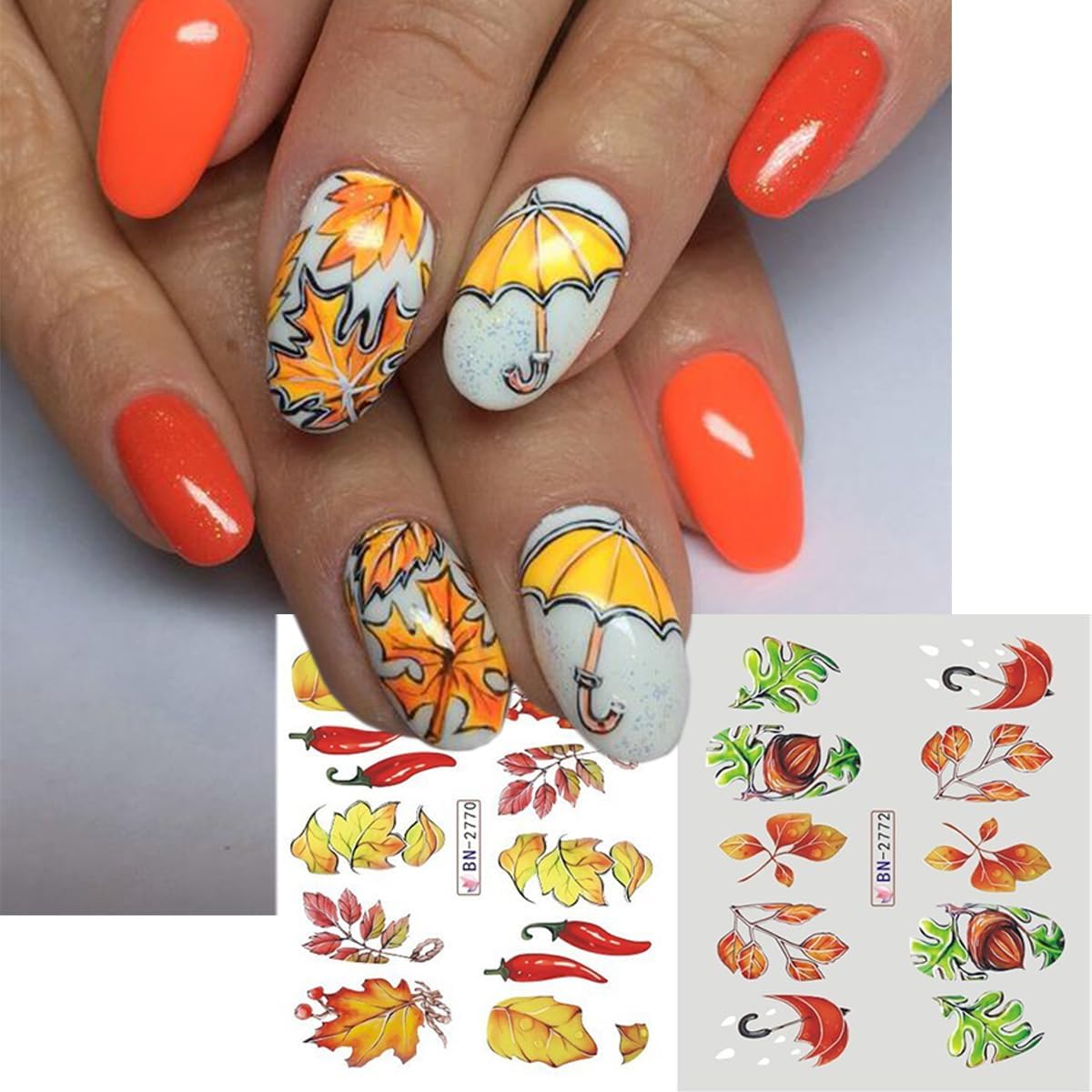 12 hojas de calcomanías de arte de uñas de otoño, hojas de arce, hojas de transferencia de agua, hojas de otoño, calabaza, piña, diseño de uñas,