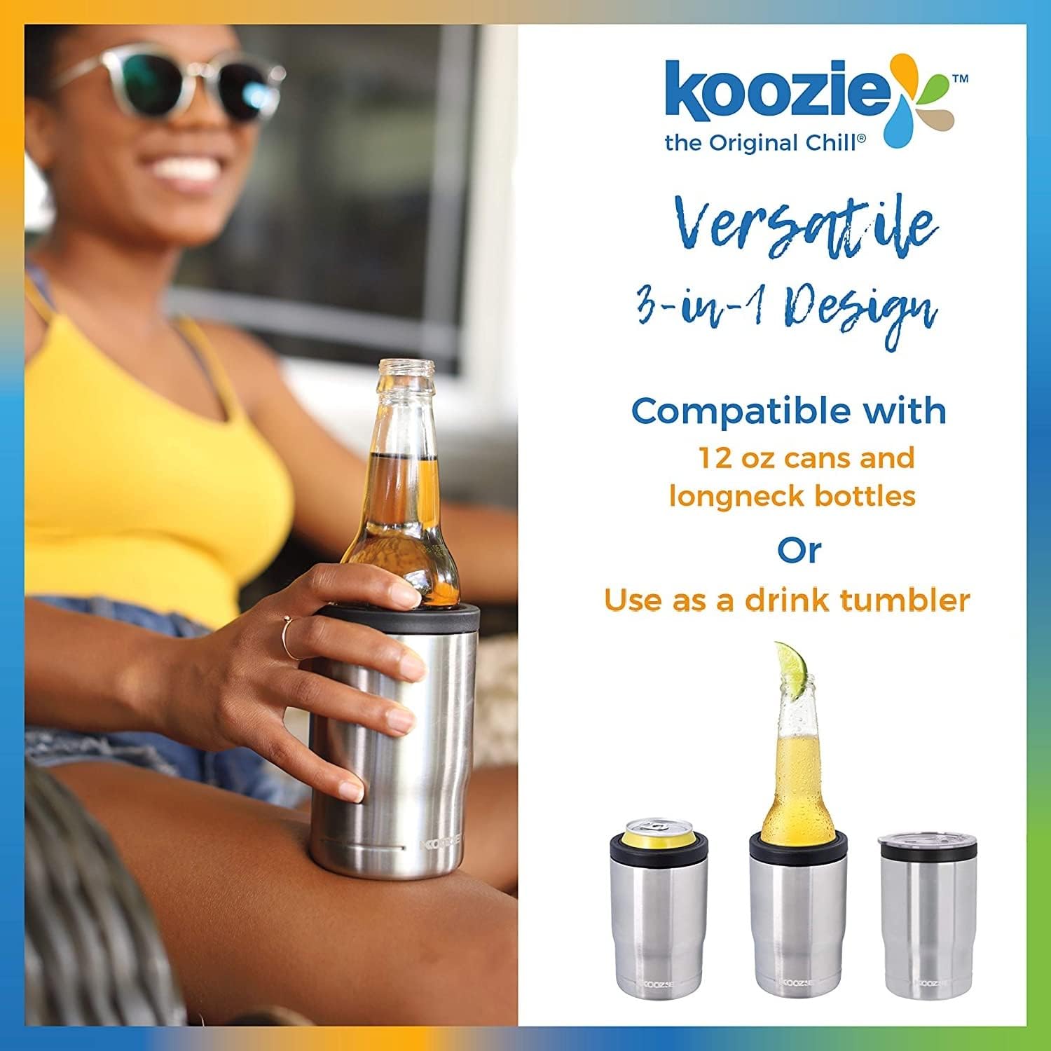 KOOZIE Enfriador de latas triple 3 en 1 de acero inoxidable, botella o vaso con tapa para latas estándar de 12 onzas, aislamiento al vacío de doble