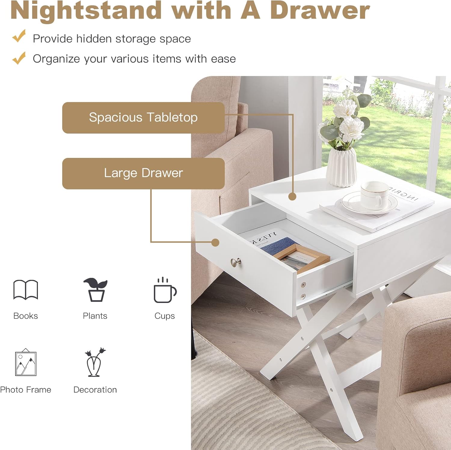 COSTWAY Mesita de noche con cajón X estructura en forma de acento sofá mesa lateral blanco