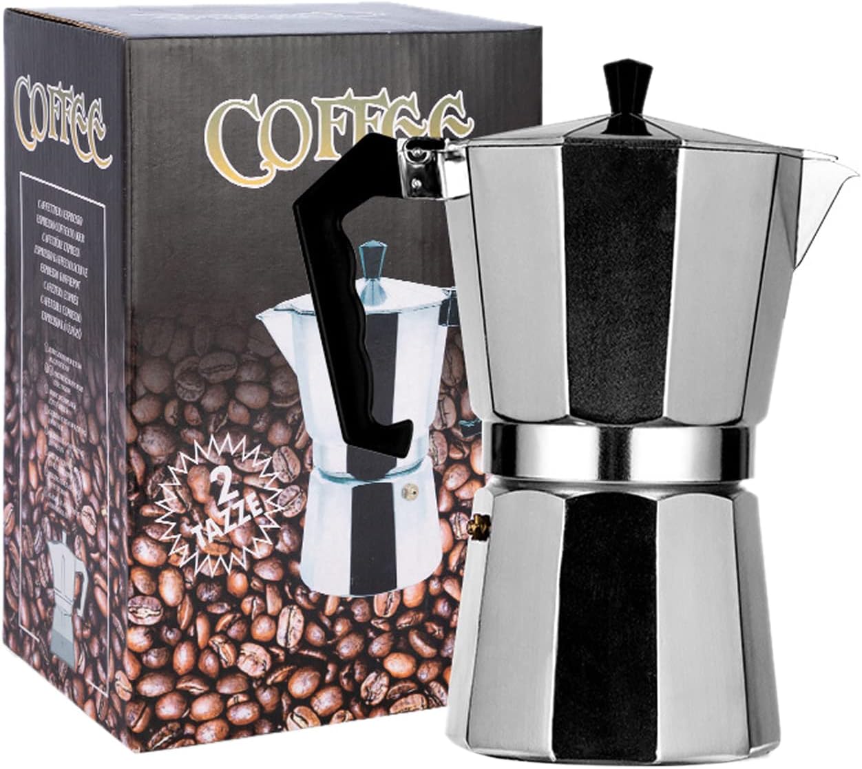 Cafetera italiana, no se deforma, fina mano de obra moka, olla moderna de aleación de aluminio con filtro de metal para cocina (2 tazas de 3.5 onzas