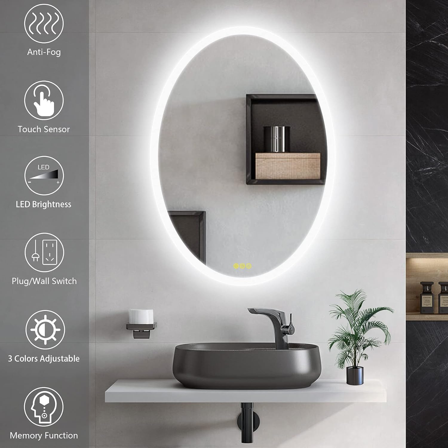 CITYMODA Espejo LED ovalado de baño de 20 x 28 pulgadas, espejo ovalado iluminado de 3 colores, espejo LED regulable para baño, antiniebla, montado