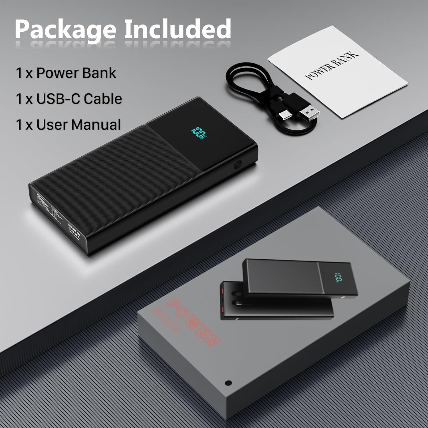 Cargador portátil con 2 cables integrados (USB-C e iOS), cargador de teléfono duradero de carga rápida PD de 13000 mAh con pantalla LED, cargador de