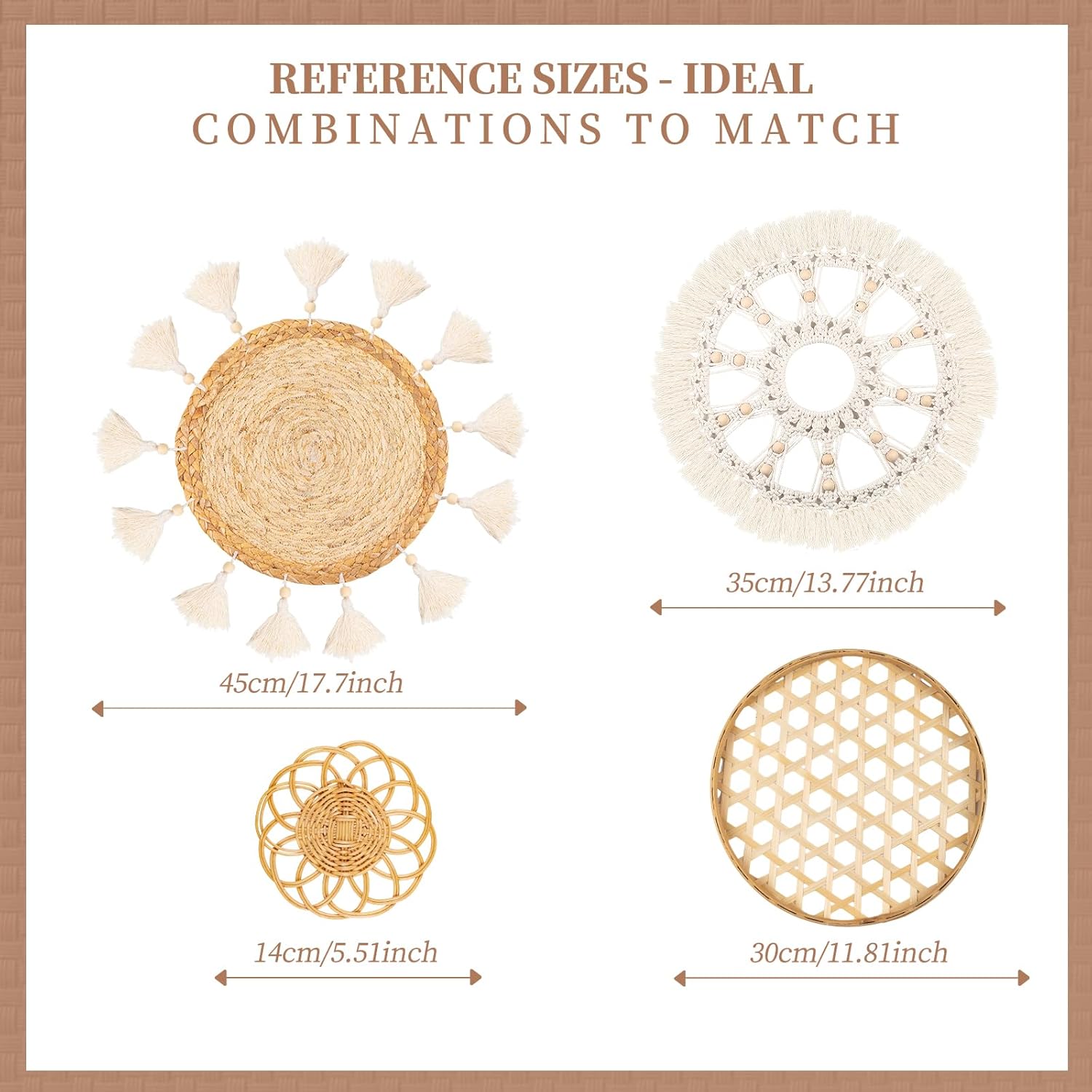 Juego de 4 decoraciones bohemias para colgar en la pared, cesta de pared tejida plana, hecha a mano, redonda, blanco, macramé, bandeja elegante,