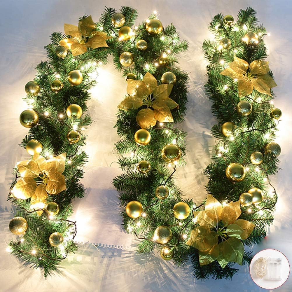 Guirnalda de Navidad de 9 pies, flores artificiales preiluminadas, decoración de guirnalda de Navidad, guirnalda de Navidad a pilas con luces para