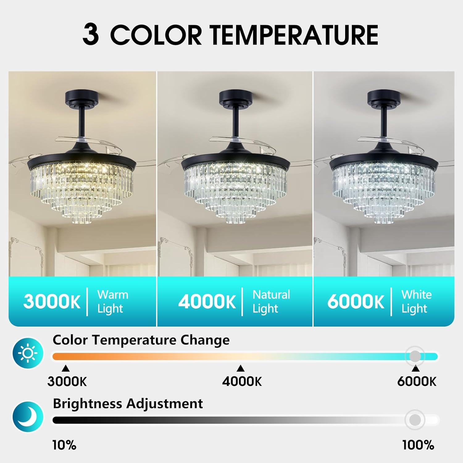 XINSHUO Ventiladores de techo con luces de control remoto 42 pulgadas, luz de ventilador de cristal regulable con 3 cuchillas retráctiles 3