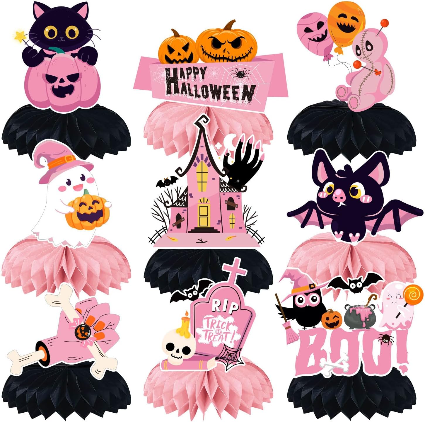 Centros de mesa de panal de abeja de Halloween rosa y negro  9 piezas 3D de decoración de mesa de panal de abeja de Halloween, lindo fantasma gato