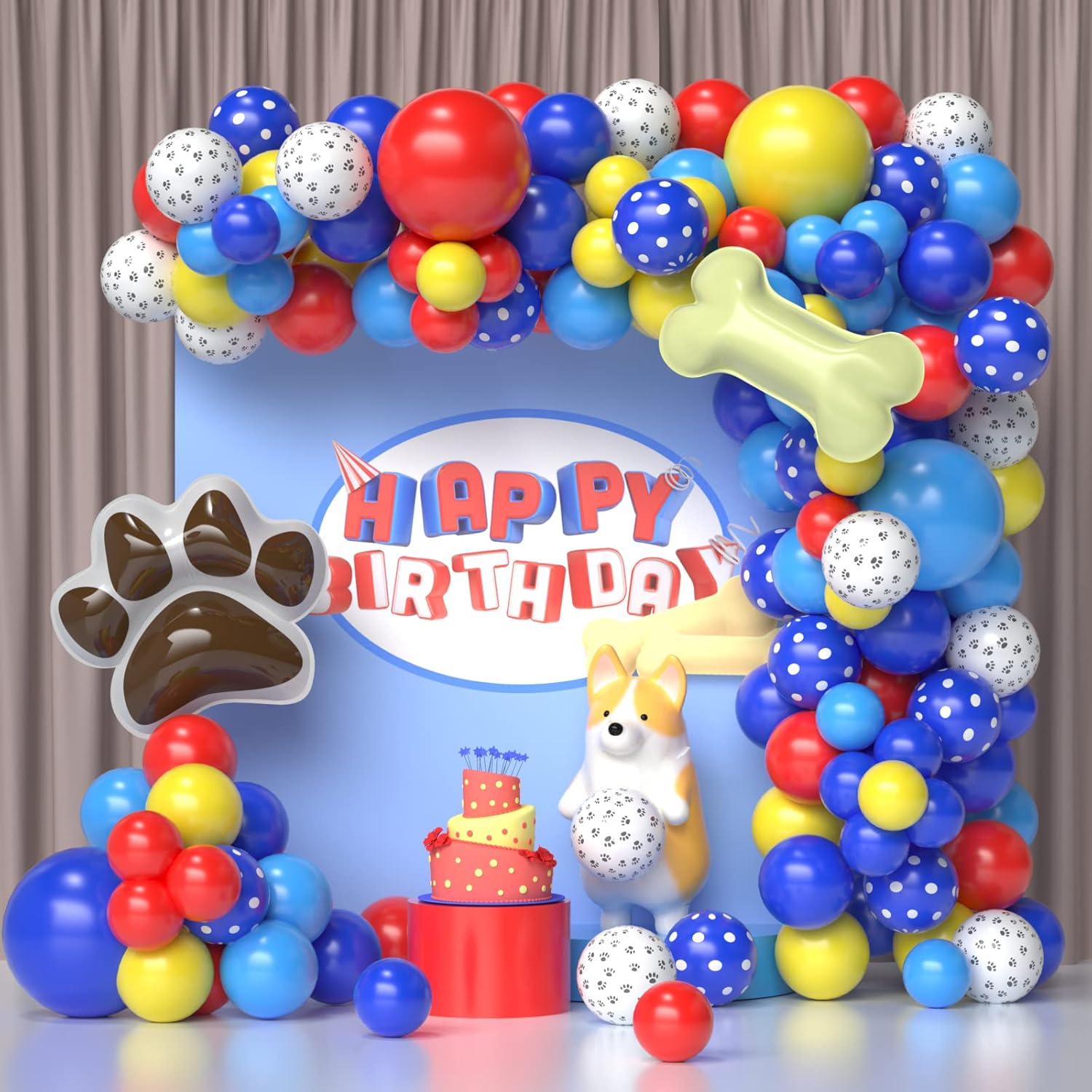 Kit de guirnalda de globos de cumpleaños con patas de perro rojas, amarillas, azules, globos manchados azules y globos de papel de aluminio de hueso
