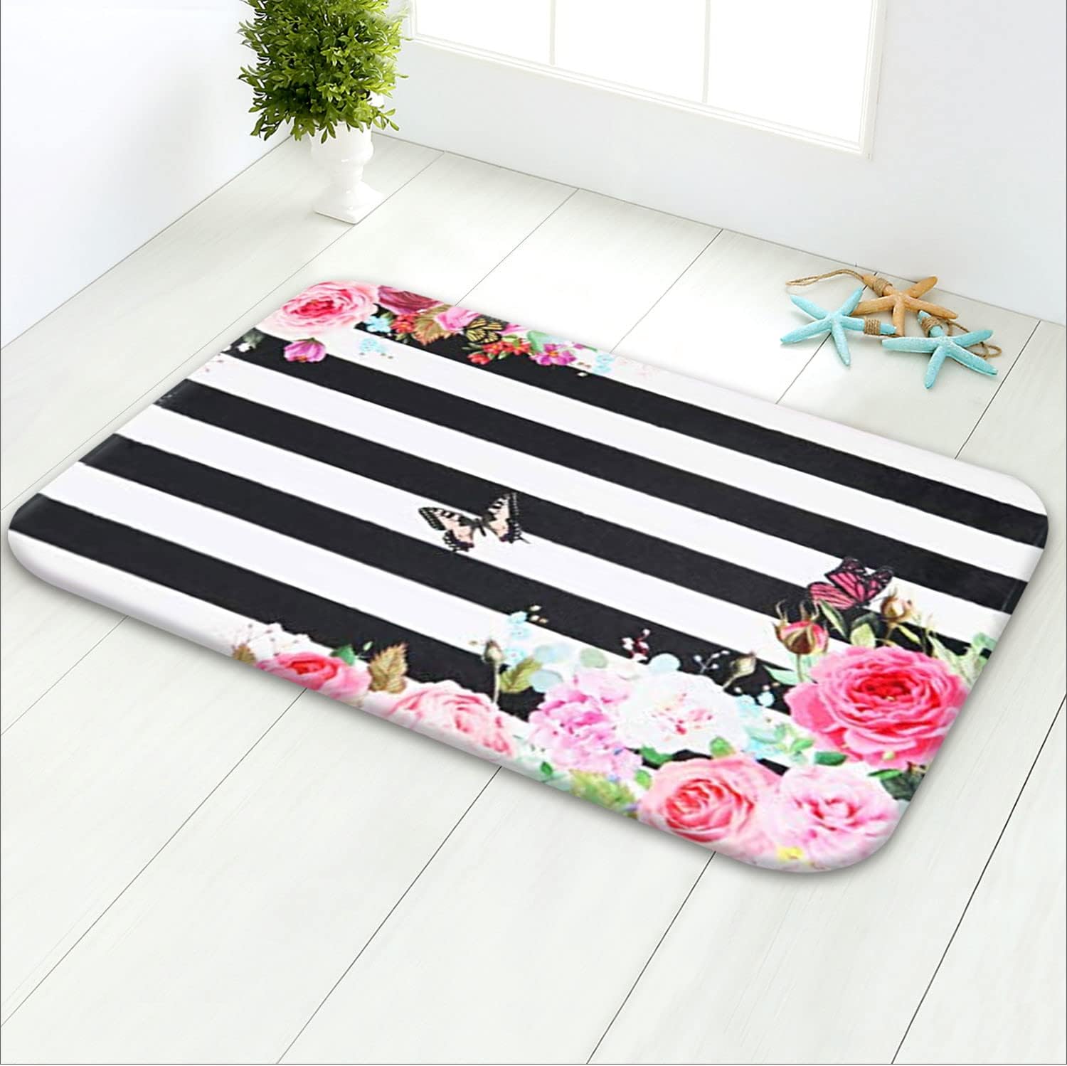 Tapete de baño de espuma viscoelástica floral, tapete de felpa para decoración de baño, multicolor, flores blancas y negras, bonito tapete de baño