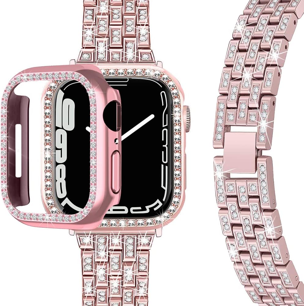 Miimall Compatible con Apple Watch Series 987 de 1.61 y 1.77 pulgadas, correa brillante con funda para mujeres y niñas, correa de repuesto de metal