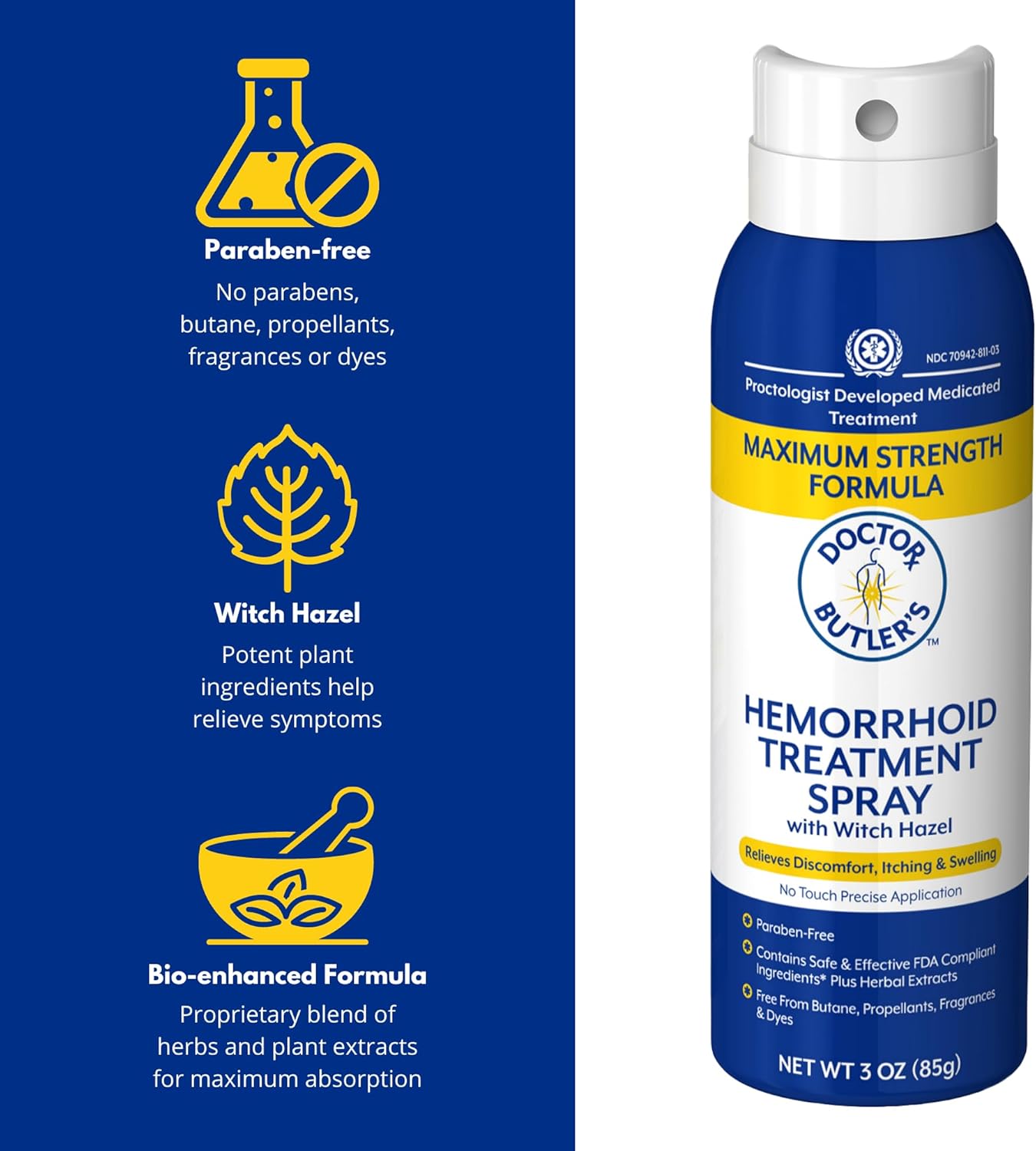 Doctor Butler’s Spray para hemorroides – Tratamiento de hemorroides y solución de limpieza con hamamelis y aloe vera para ayudar con molestias,