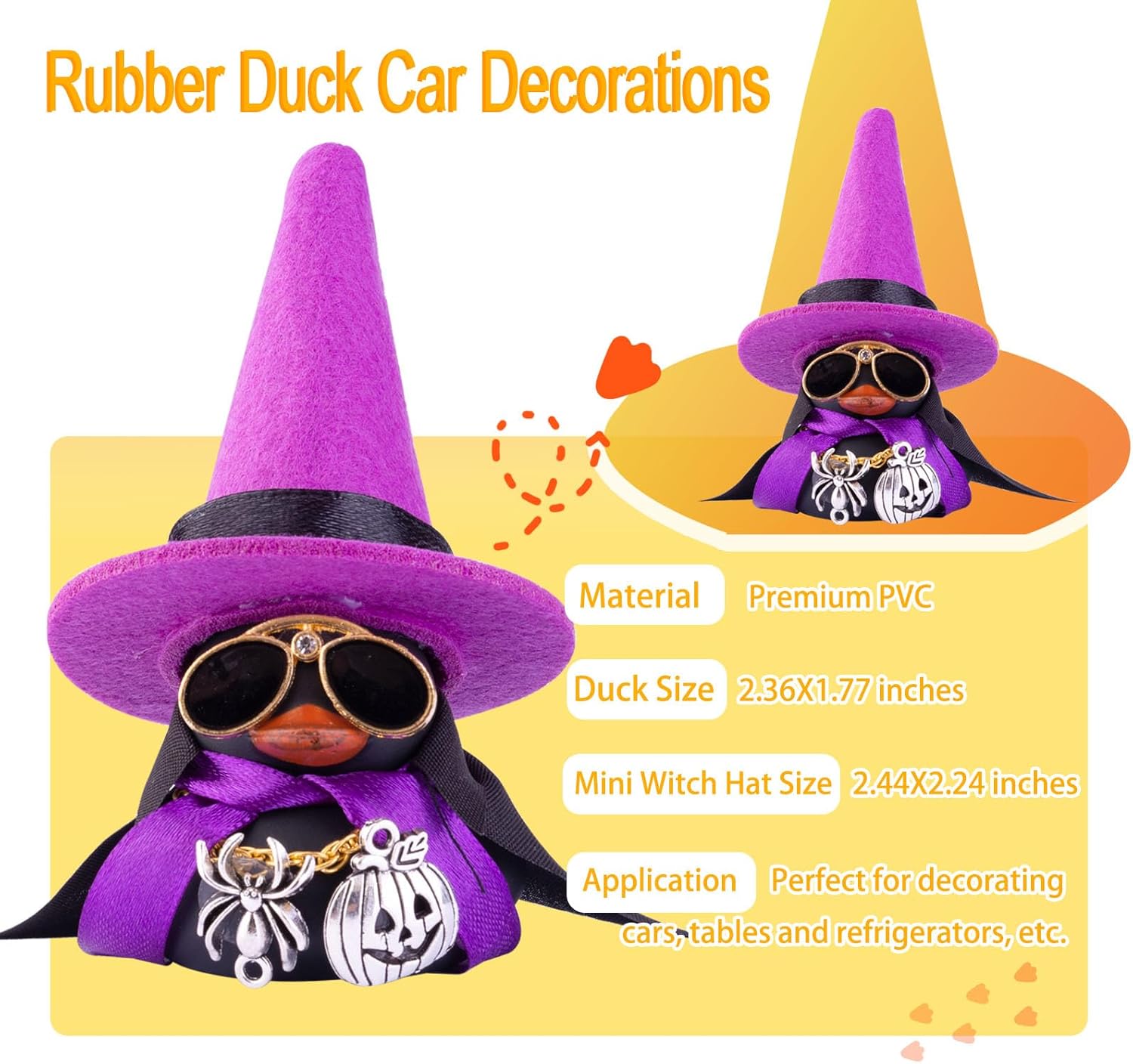 Adornos de pato de goma para automóvil, decoraciones de tablero de automóvil con mini sombrero de bruja, capa, collar, accesorios de Halloween para