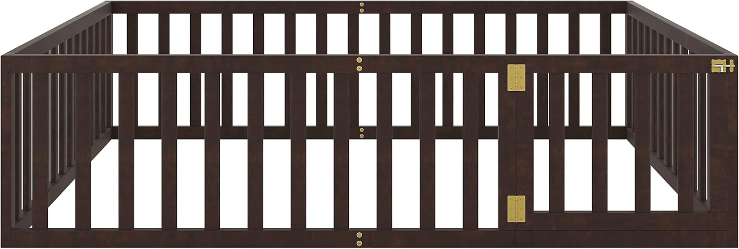 Cama de suelo tamaño Queen para niños, cama Montessori con barandillas en forma de valla y puerta, cama de piso de madera, cama tamaño Queen para