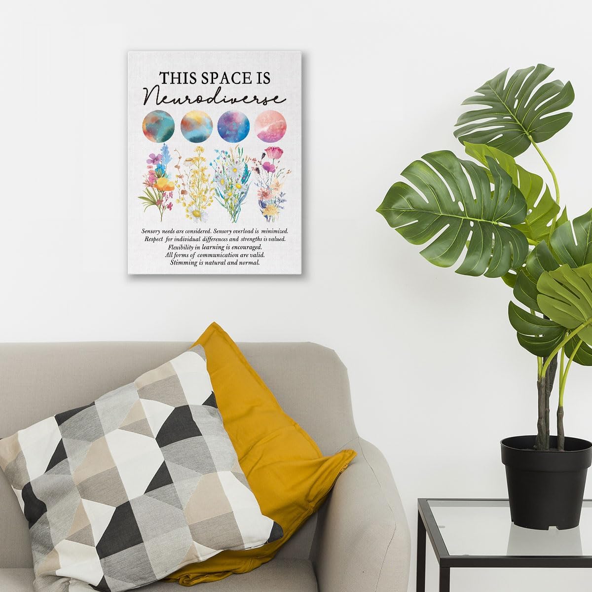 Lienzo decorativo de pared con texto en inglés “This Space Is Neurodiverse (Este espacio es neurodiverso) de 11 x 14 pulgadas, arte enmarcado para