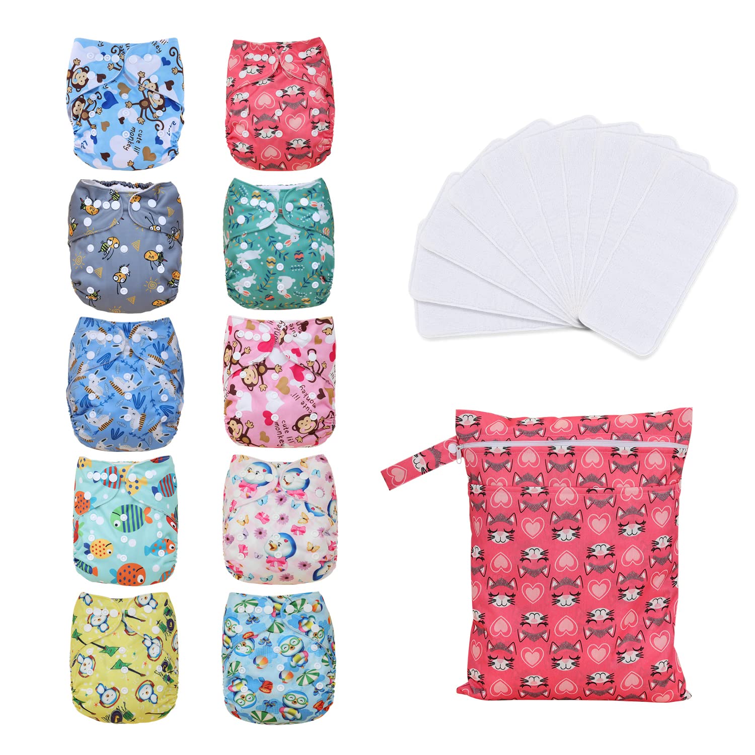 Pañales de tela para bebé, lavables, reutilizables, talla única, ajustable, paquete de 10 con 10 insertos de microfibra, 1 bolsa húmeda