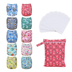 Pañales de tela para bebé, lavables, reutilizables, talla única, ajustable, paquete de 10 con 10 insertos de microfibra, 1 bolsa húmeda Pañales de tela para bebé, lavables, reutilizables, talla única, ajustable, paquete de 10 con 10 insertos de microfibra, 1 bolsa húmeda