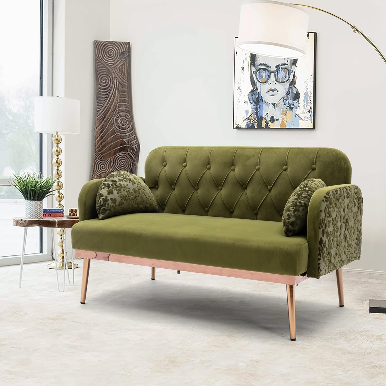 Sofá biplaza verde de terciopelo, sofá pequeño para dormitorio, sofá con pies de metal, 2 almohadas incluidas