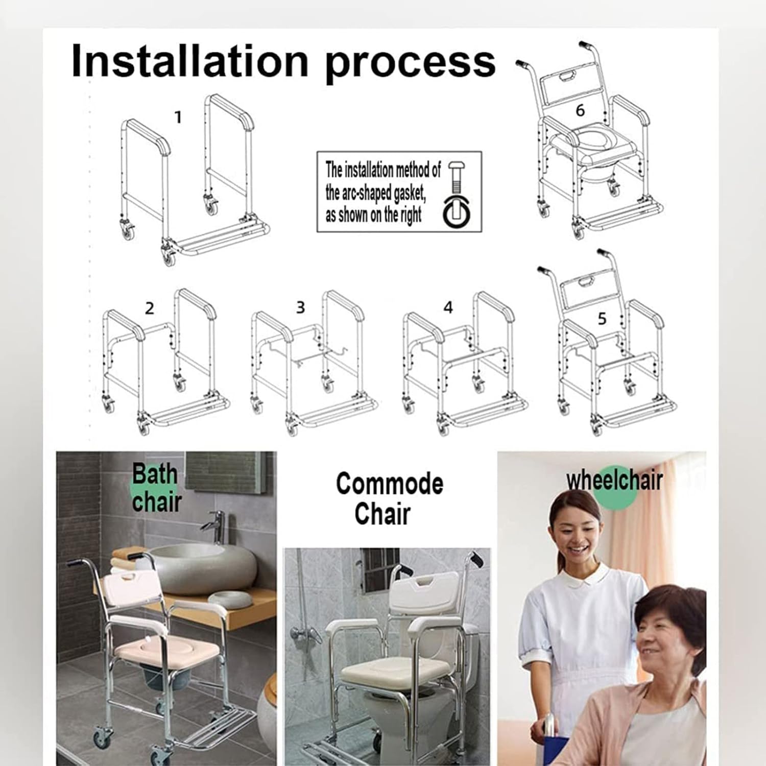Silla cómoda con ruedas, silla de ruedas, silla de transporte, taburete de baño de 4 ruedas, frenos de 4 ruedasinodoro móvil con pedal plegable para