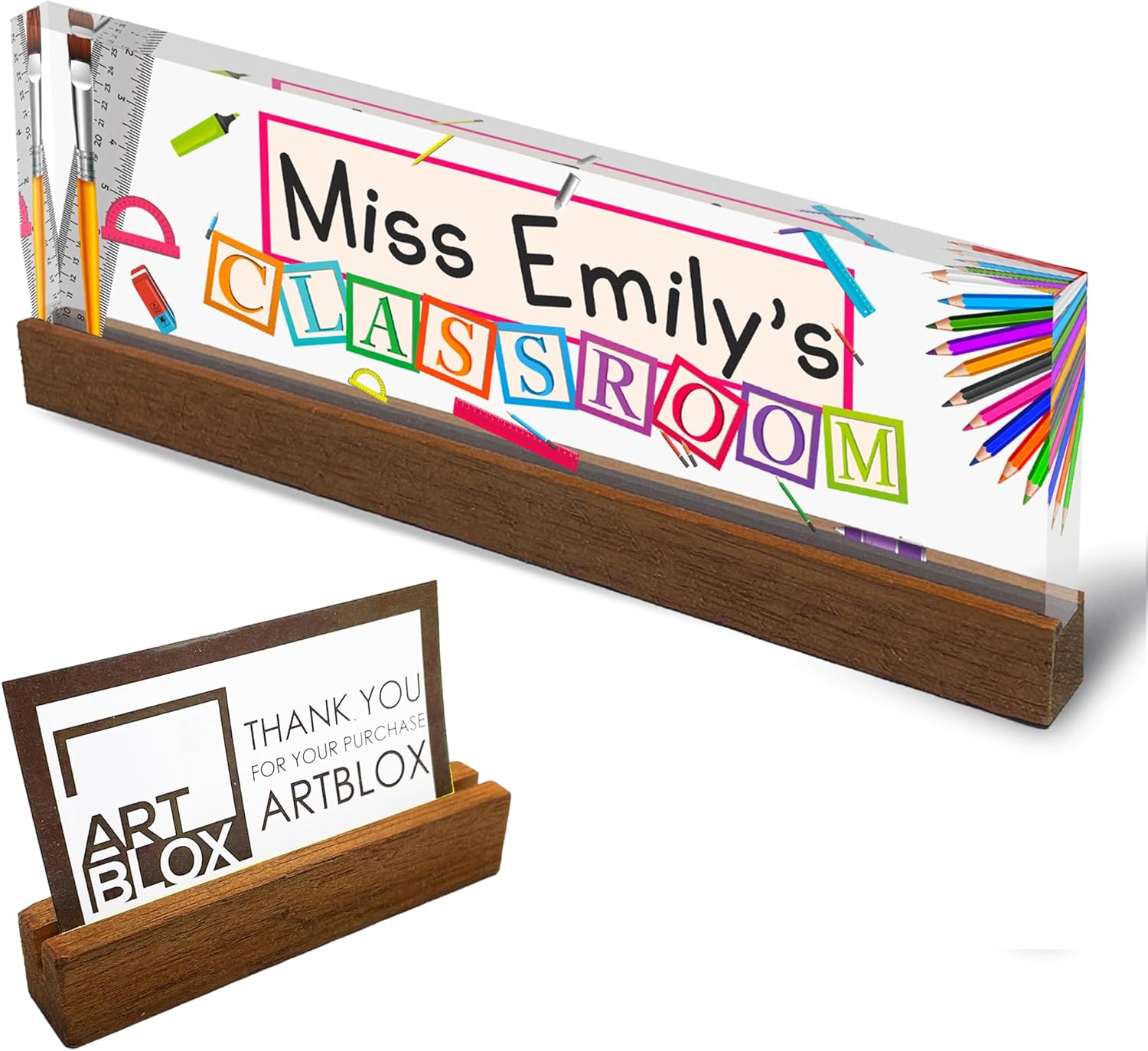 Artblox Placa de identificación personalizada de oficina para escritorio con tarjetero en vidrio acrílico transparente, diseño de maestro de