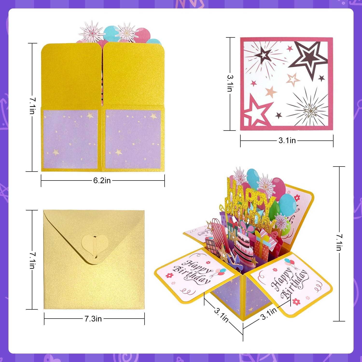 Tarjetas de cumpleaños para mujer, tarjeta desplegable de feliz cumpleaños, tarjeta de felicitación 3D de cumpleaños con tarjeta de notas en blanco