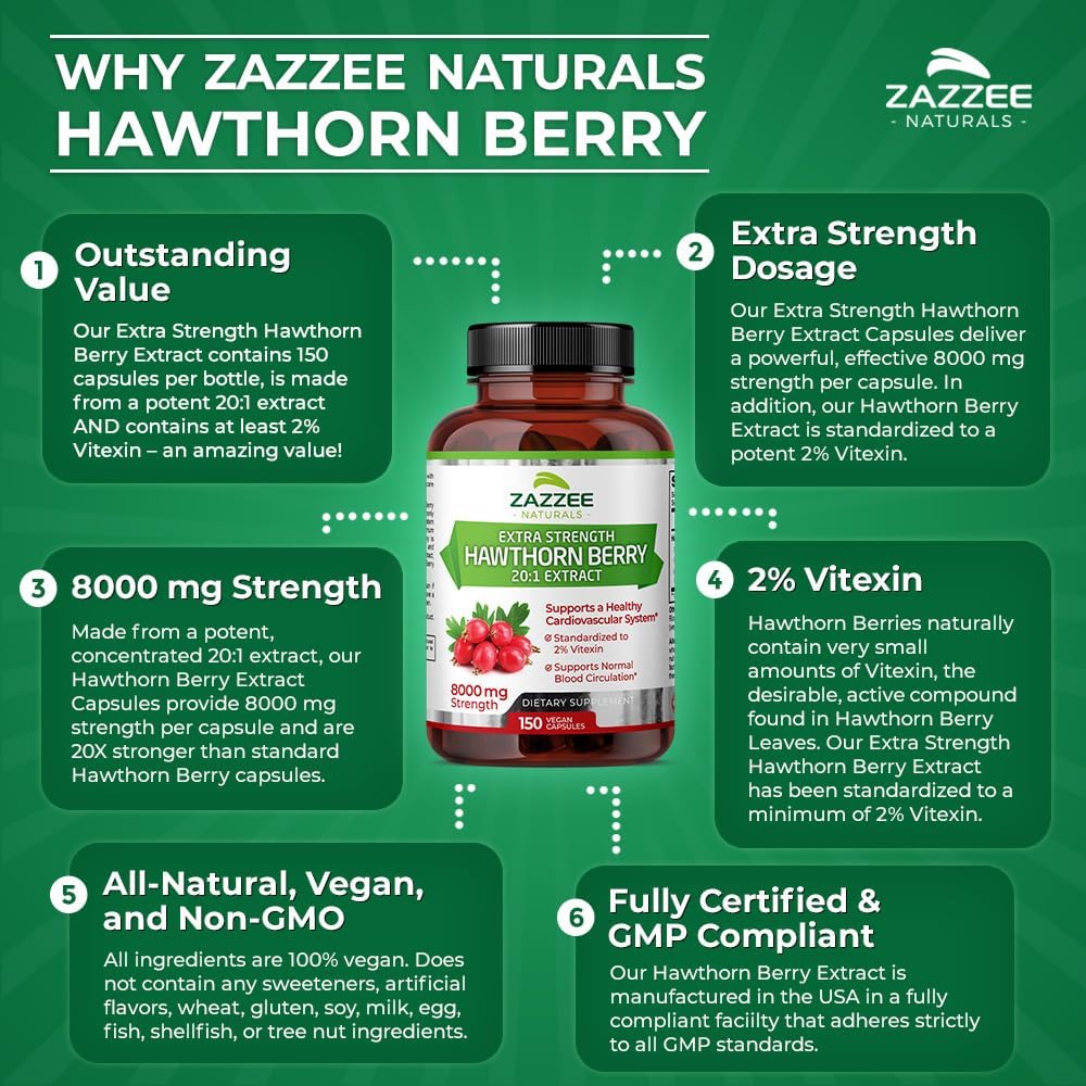 Zazzee Extracto de baya de espino extra fuerte 201, 8000 mg de fuerza, 2% de vitexina, 150 cápsulas veganas, suministro de 5 meses, extracto