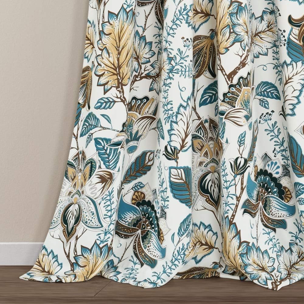 Lush Decor Cynthia Jacobean – Par de paneles de cortinas para ventana con filtro de luz, 95 x 52 pulgadas + cabecera de 2 pulgadas, turquesaneutro
