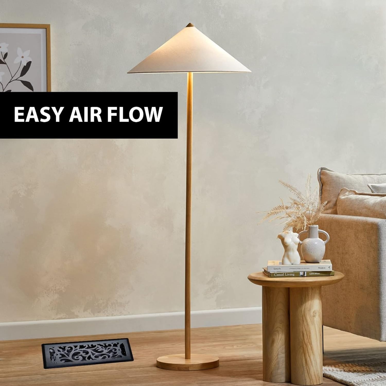Precision Flow Registro de piso de acero de 4 x 12 pulgadas, diseño floral, acabado negro de hierro fundido, cubiertas de ventilación prémium para