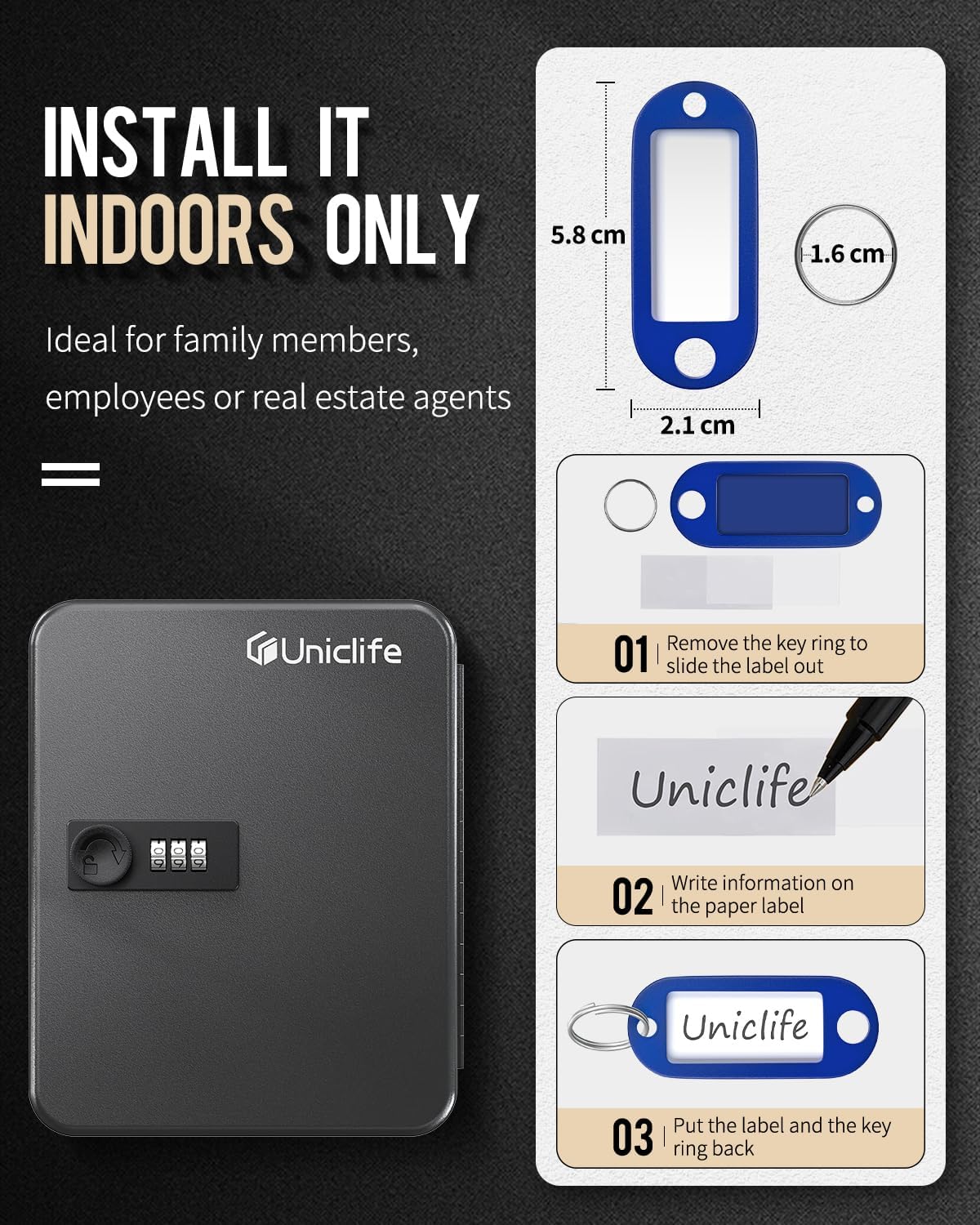 Uniclife Gabinete de llaves de 20 posiciones con cerradura de combinación reiniciable, caja de almacenamiento de seguridad digital negra,