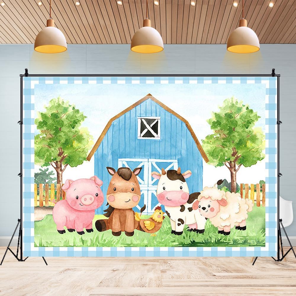Telones de fondo de cumpleaños de granja para niños, granero azul, animales de granja, fondo de fotografía, tema de animales de granja, decoración