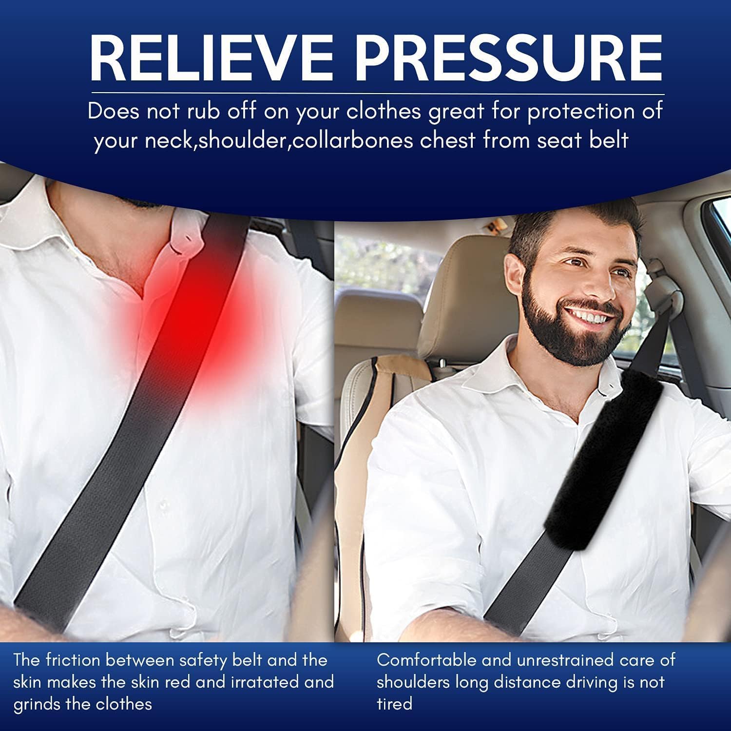 Zone Tech – Funda para volante de piel de oveja negra y almohadilla para cinturón de seguridad, funda elástica para volante de piel de oveja, color
