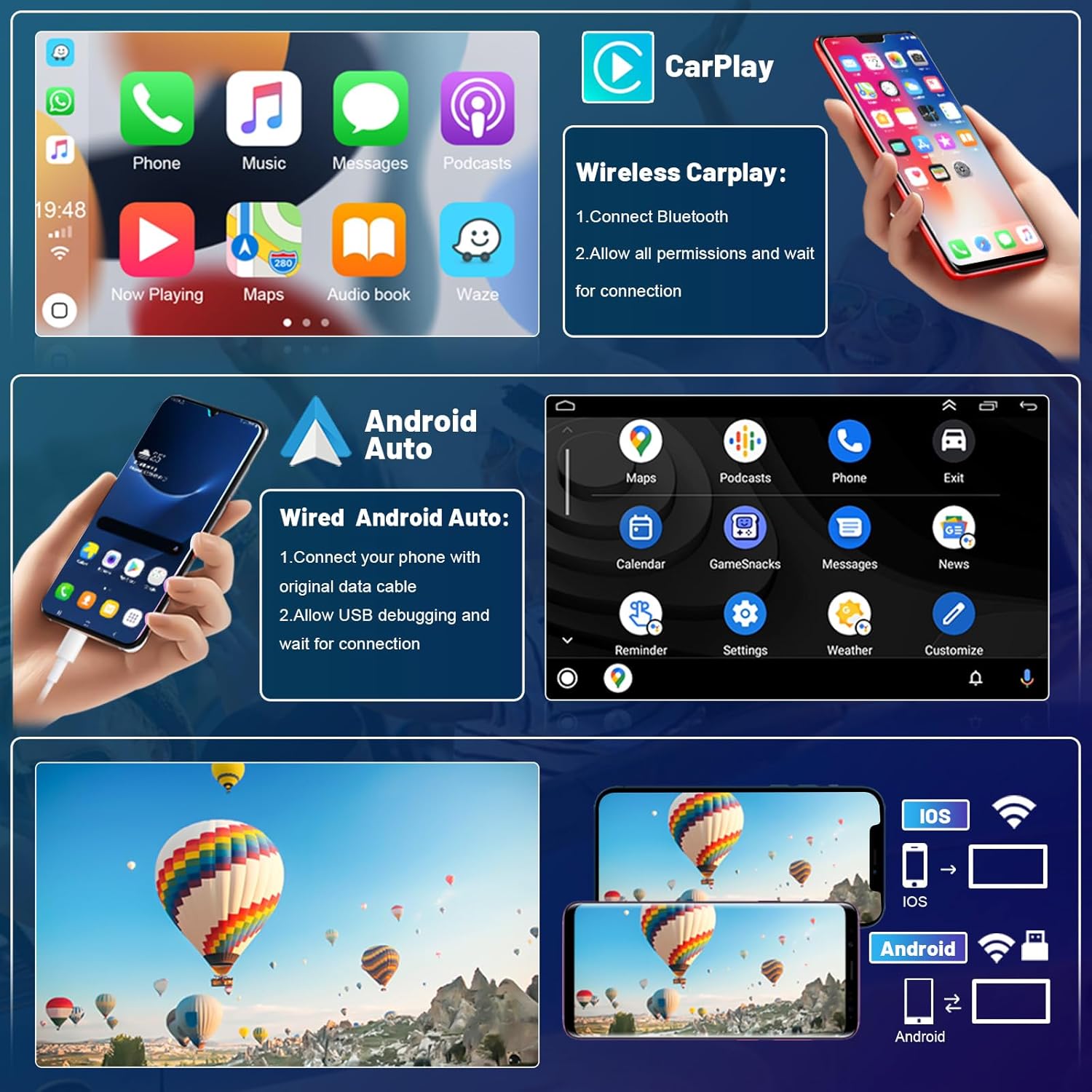Roinvou Estéreo Android CarPlay 2+64G para Toyota Camry 2012-2014, CarPlay inalámbrico integrado con Android Auto, pantalla táctil de 10.1 pulgadas