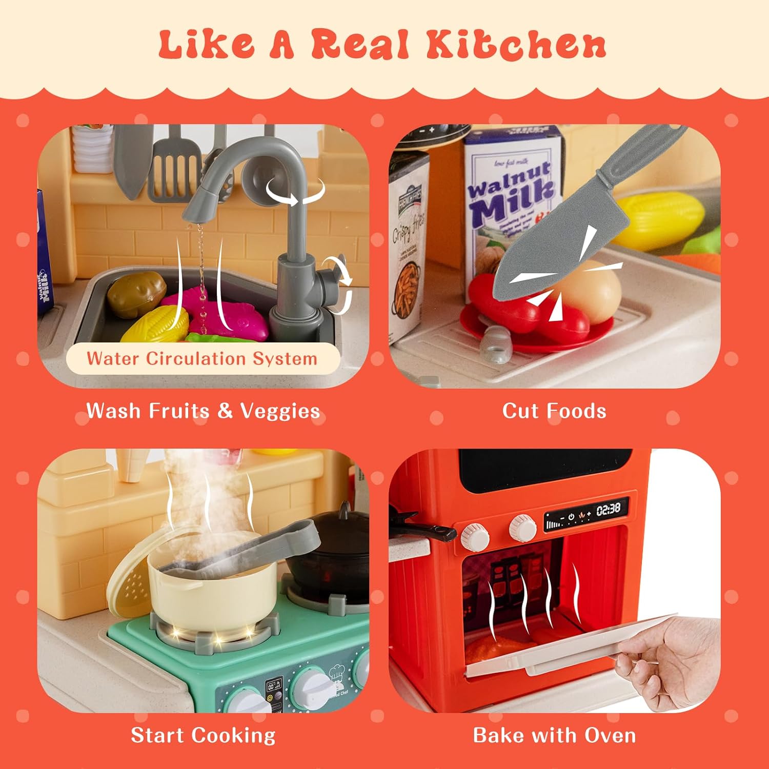 HONEY JOY Juego de cocina para niños, cocina grande de plástico con luces y sonidos realistas, música, función de agua corriente y vapor, 69
