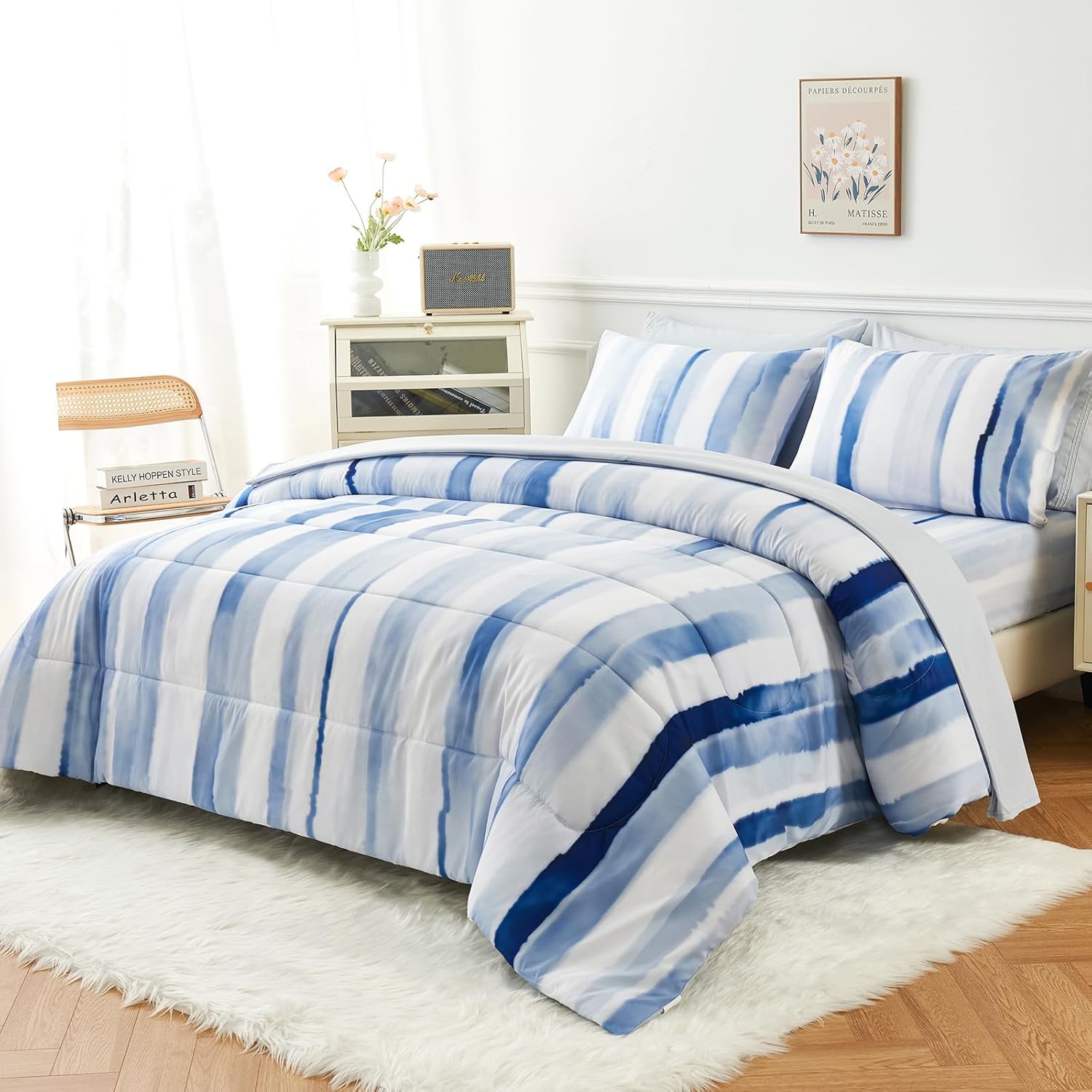 YIYEA Juego de edredón tamaño King  Estampado floral  7 piezas de cama en una bolsa  Juegos de ropa de cama para todas las estaciones con edredón,