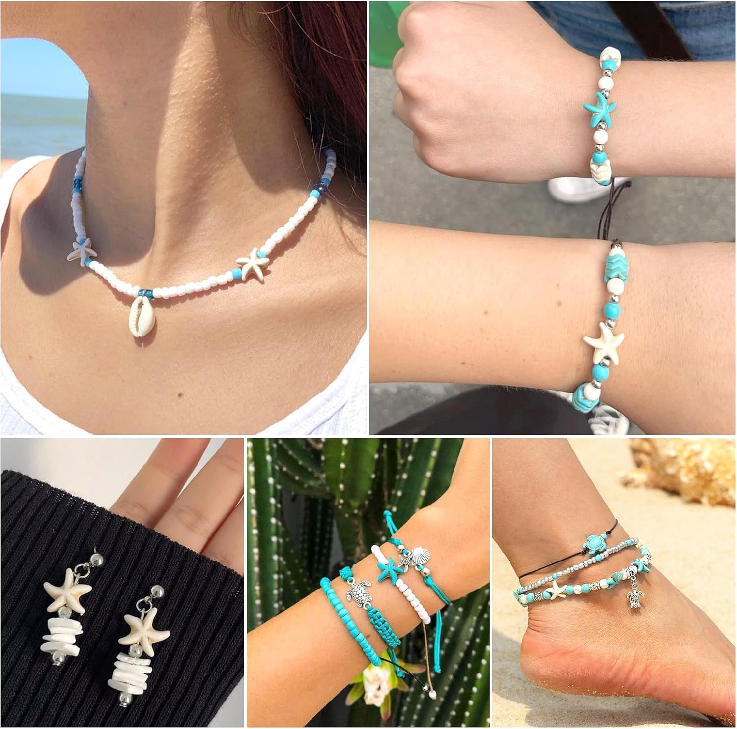 Beadthoven – Juego de 160 piezas de joyería con tema oceánico con cuentas de turquesa, estrella de mar, tortuga, delfín, sirena, colgantes,