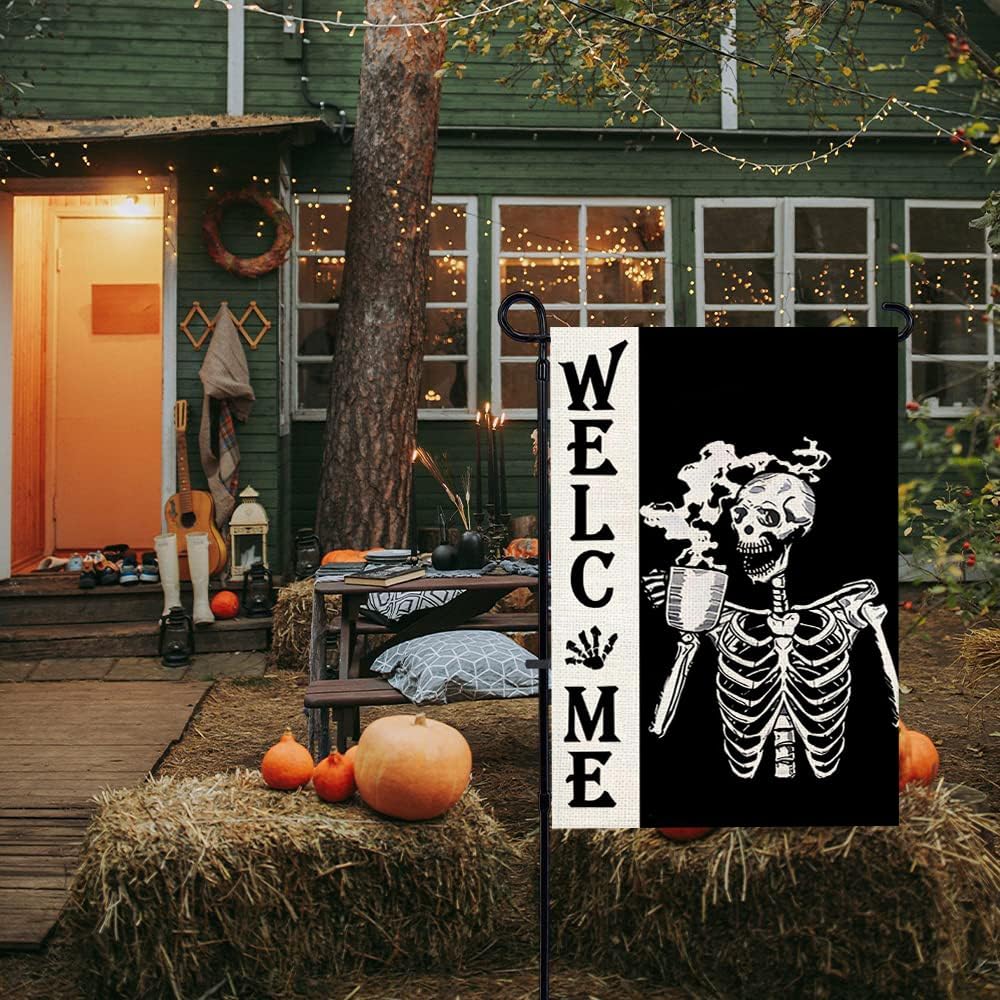 Bandera de jardín de otoño con diseño de calavera de Halloween con la bienvenida y girasol, calabaza, divertida, de 12 x 18 pulgadas, decoración de