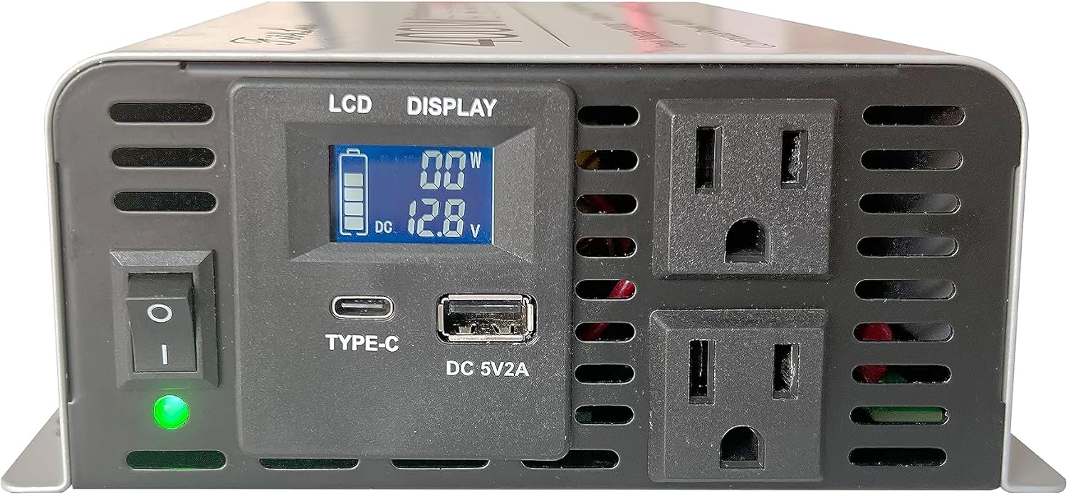 Inversor de onda sinusoidal pura, entrada de CC de 12 V y salida de CA de 110 V con pantalla LCD, puerto de salida USB, puerto de salida tipo C (500