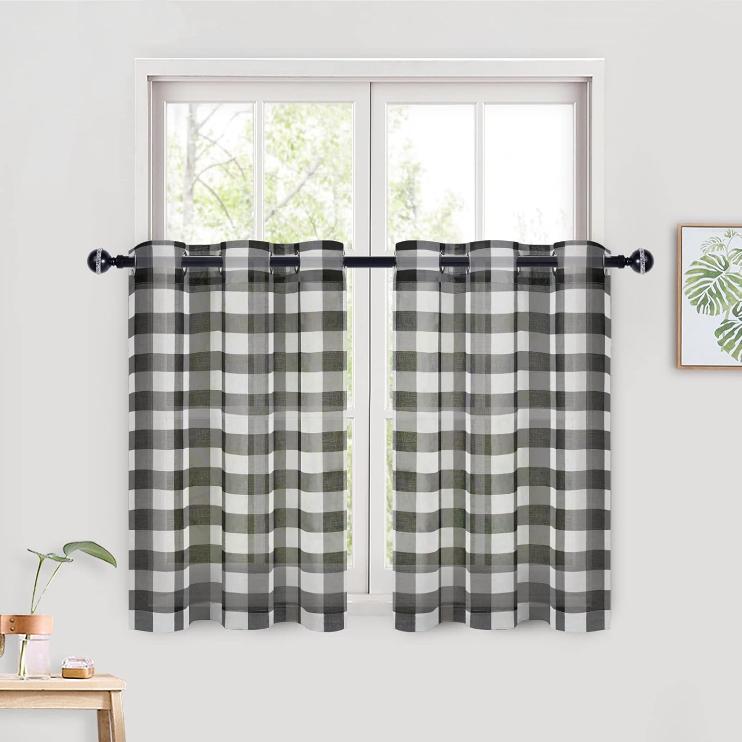Hiasan Buffalo – Cortina de cocina a cuadros de 36 pulgadas de largo, cortinas traslúcidas de gasa corta con ojales filtrantes de luz para ventana,