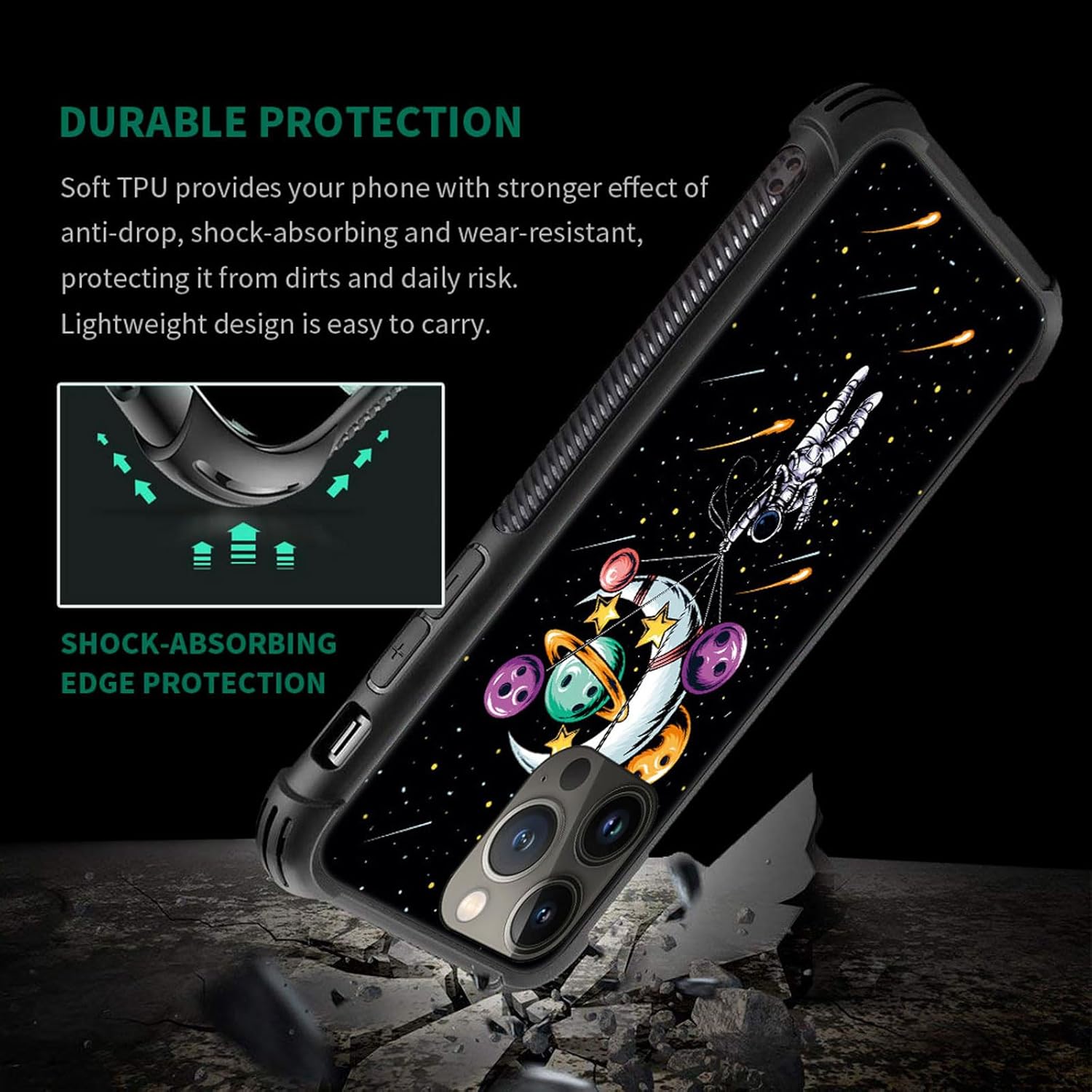 ZHEGAILIAN Funda compatible con iPhone 15 Pro Max, funda de astronauta sosteniendo un planeta de globo, parte trasera de vidrio templado + funda