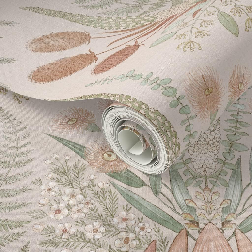 Spoonflower Papel tapiz autoadhesivo de 12 x 2 pies, flora neutra, damasco, cardo verde salvia, eucalipto, colores terrosos, flora australiana,