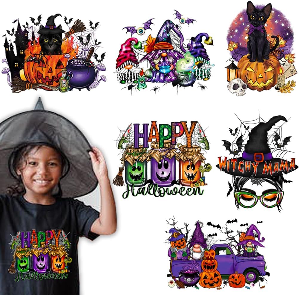6 hojas de transferencia para planchar de Halloween, diseños de automóvil enano de calabaza, murciélago, calabaza, otoño, transferencias para