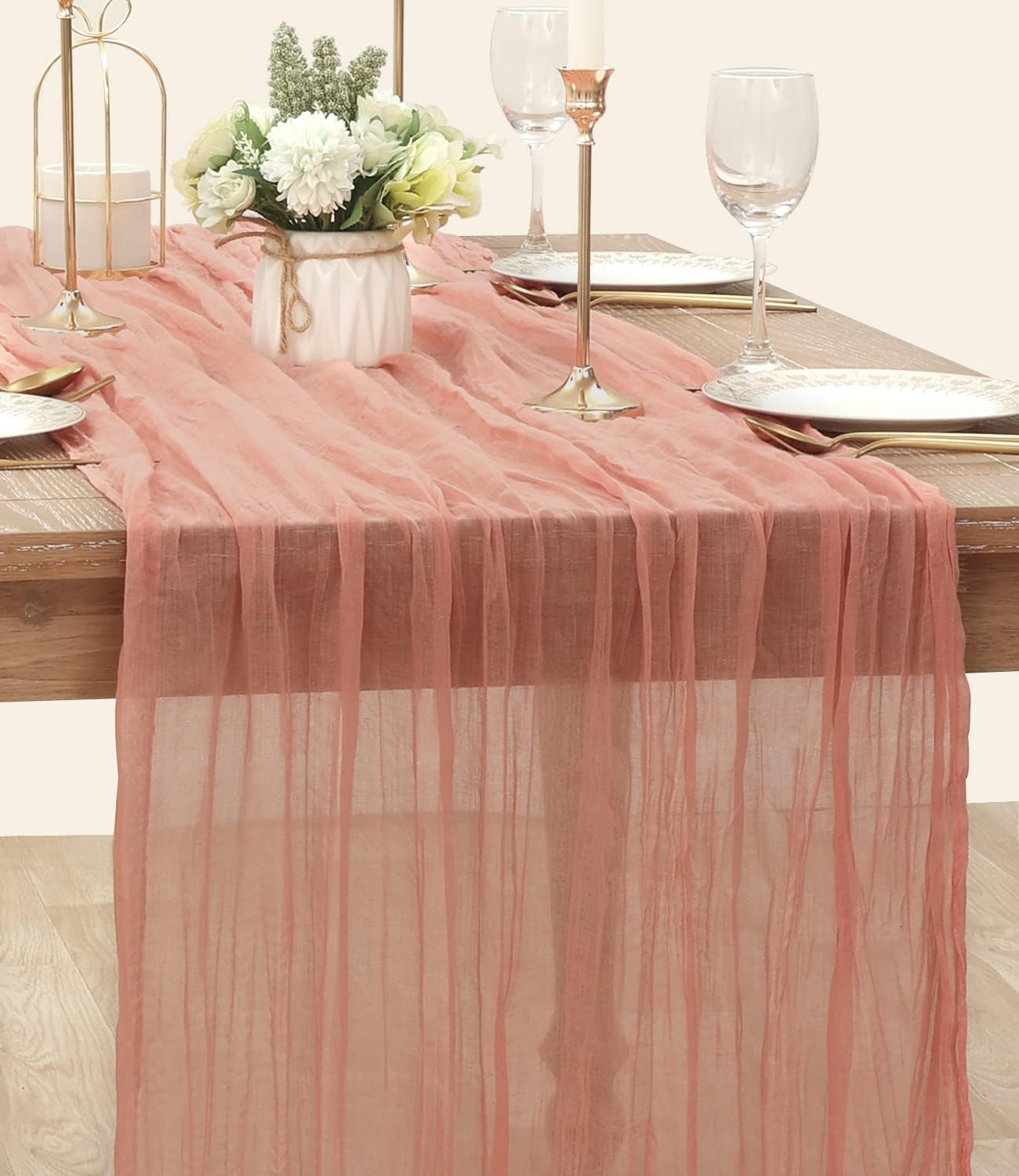 Socomi Camino de mesa de gasa de 10 pies, bohemio, rústico, color oro rosa, coral, camino de mesa para boda, despedida de soltera, otoño, Acción de