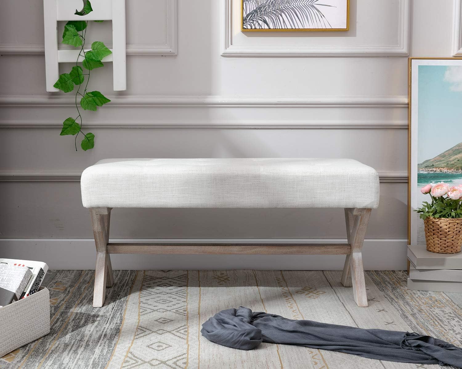 chairus Asiento de banco de entrada tapizado de tela, asiento de banco de dormitorio de 36 pulgadas con patas de madera en forma de X para sala de