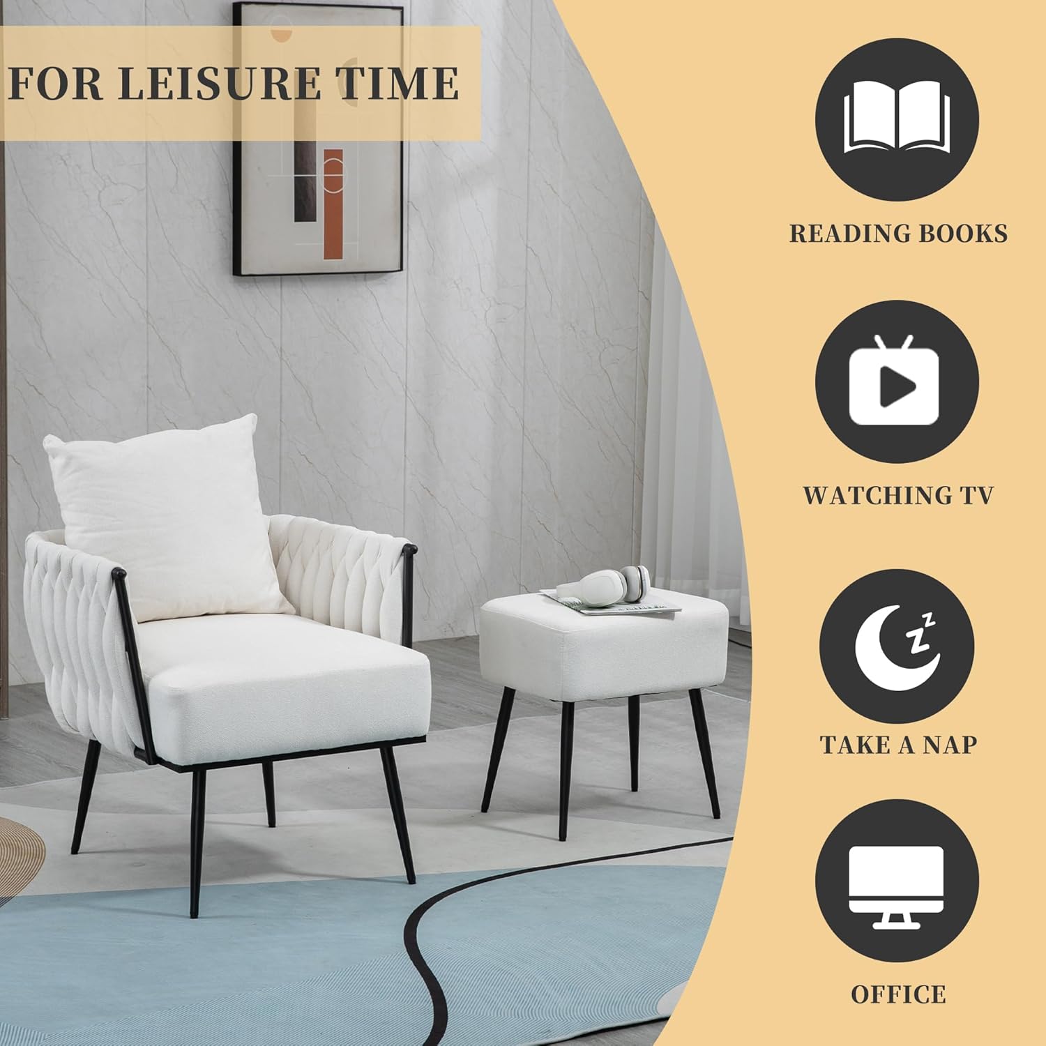 Silla de barril con acento copetudo, silla moderna con otomana de almacenamiento, sillón acolchado suave con marco de metal para sala de estar,
