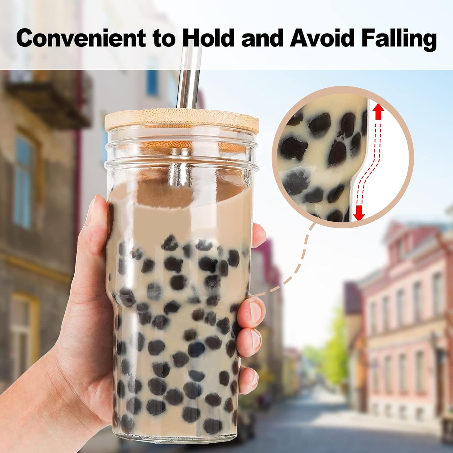 Vaso Boba reutilizable para batido de vidrio, vaso de té con burbujas, paquete de 2 vasos de boca ancha de 22 onzas para café helado con tapa de