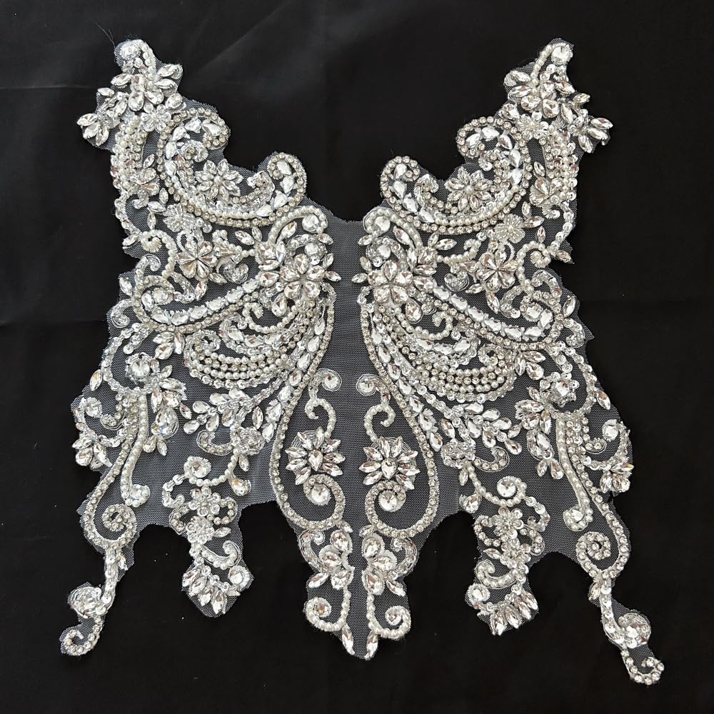 Apliques de encaje hechos a mano con diamantes de imitación para coser en cuentas de vidrio, accesorios para ropa de vestir (blanco)