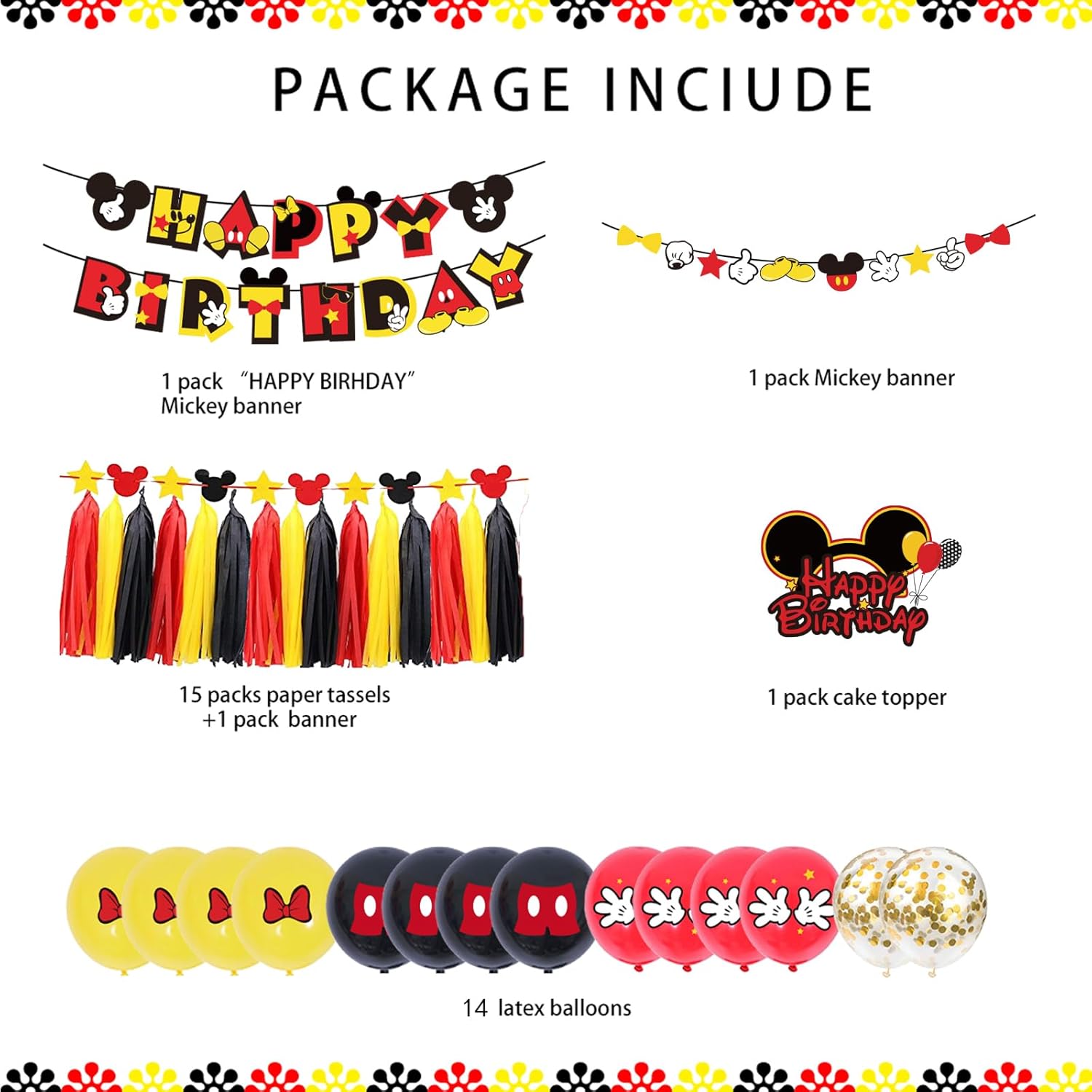 PRATYUS Decoraciones de cumpleaños de Mickey para regalos de fiesta con pancarta de cumpleaños y guirnalda, decoración de pastel y globos