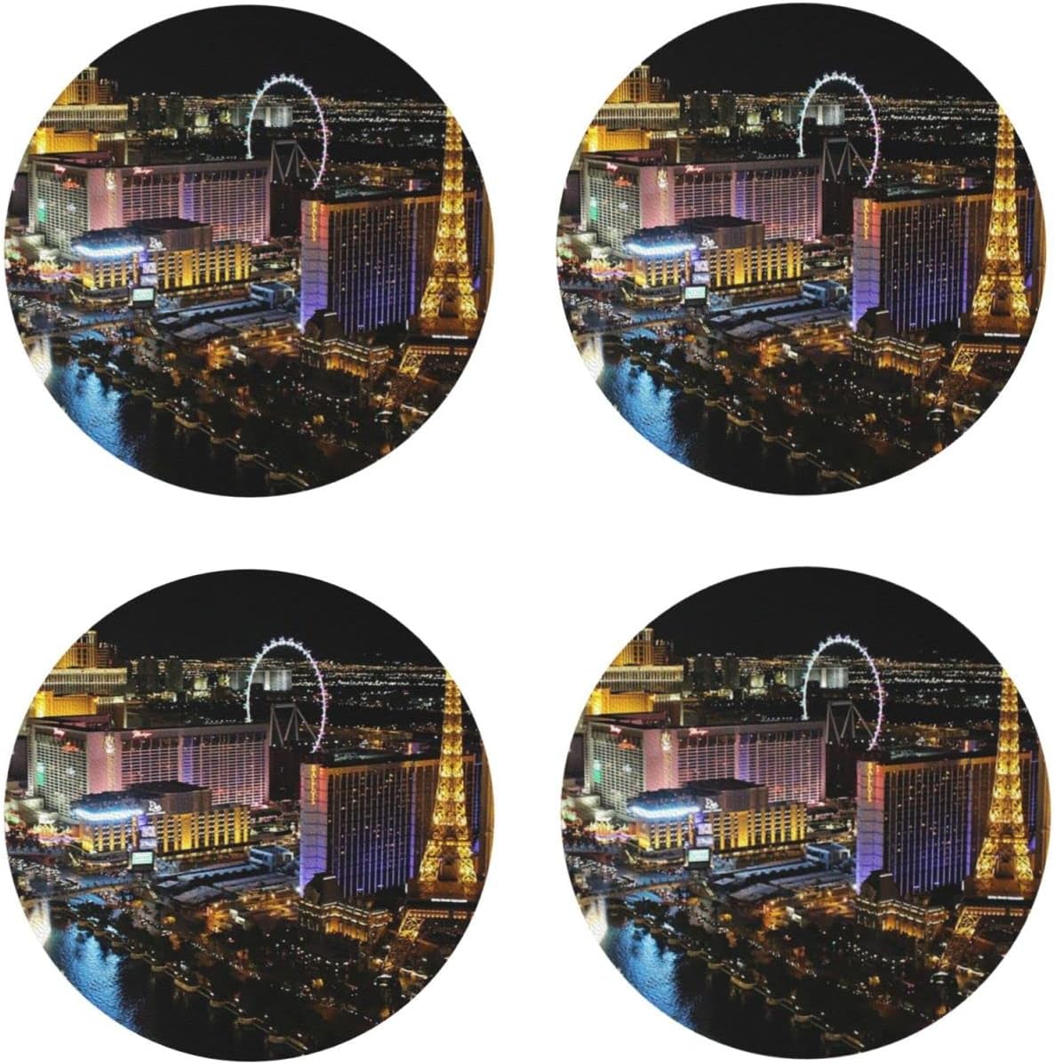 Juego de 4 posavasos de cuero, posavasos personalizados para mesa de café, posavasos con vista nocturna de Las Vegas, posavasos fáciles de limpiar