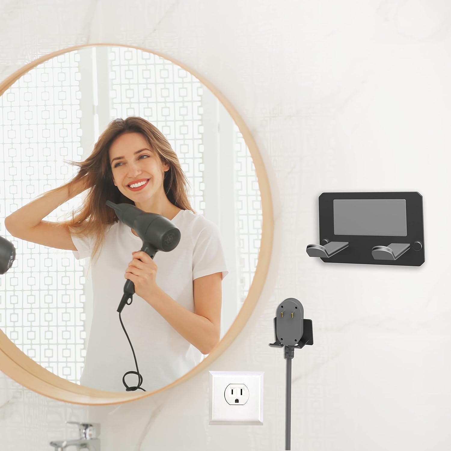 Soporte adhesivo para secador de pelo de montaje en pared, organizador adhesivo para secador de pelo, compatible con secadores de pelo Dyson (negro)