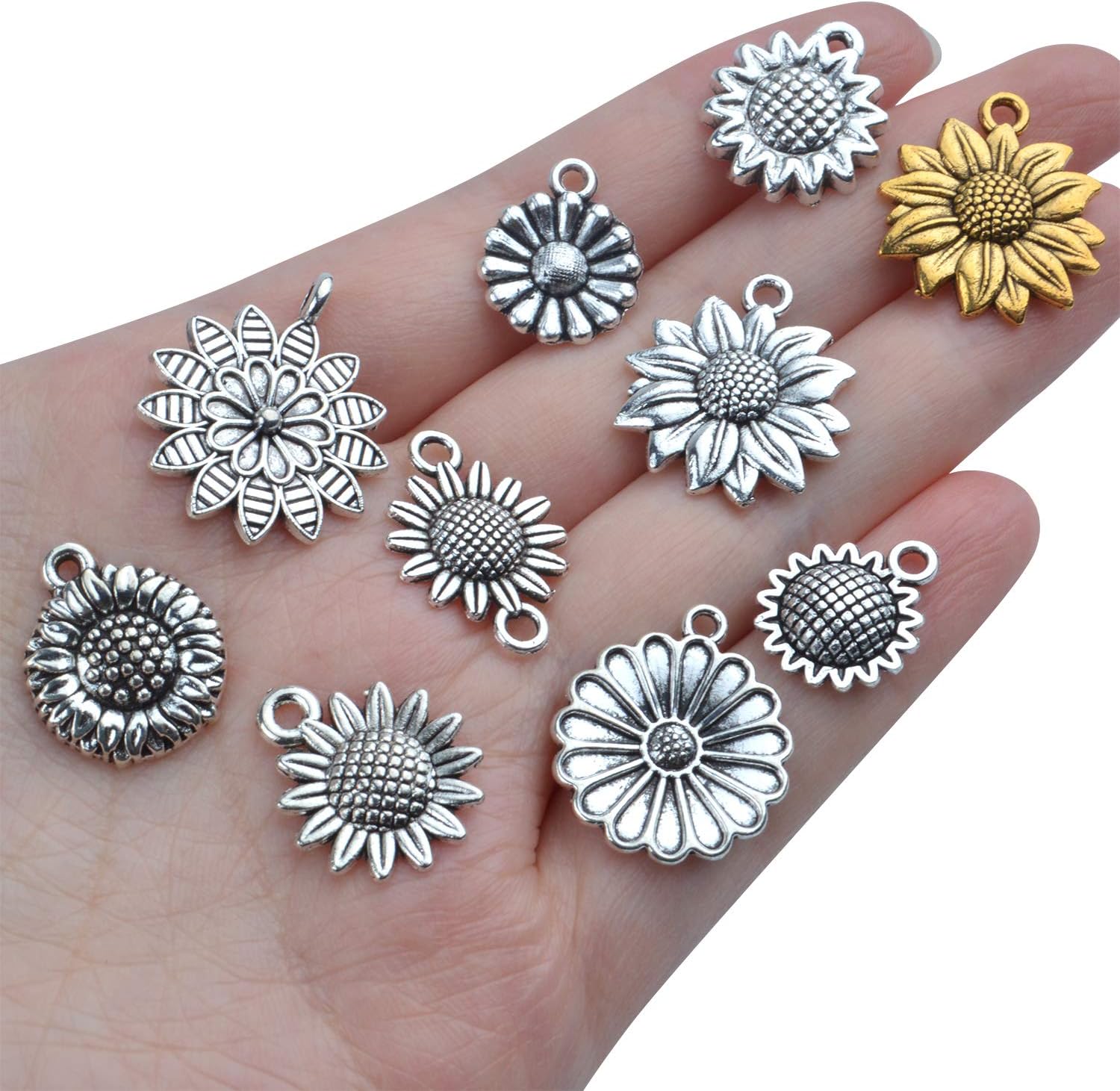 Aylifu 50 dijes vintage de girasol, suministros de flores de aleación, para hacer joyas, 10 estilos